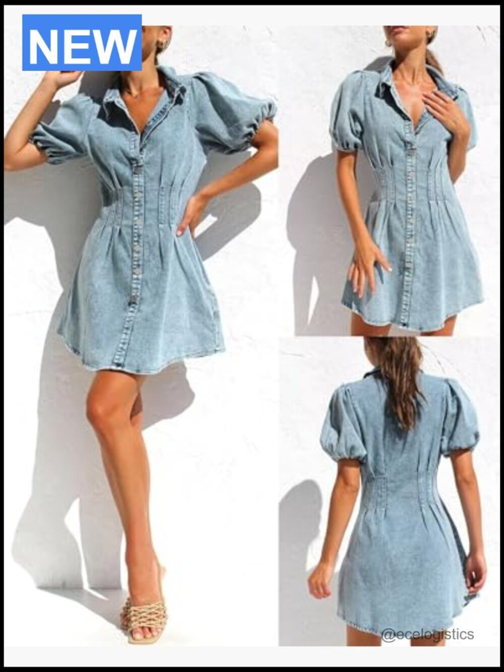 Puff Sleeve Slim Fit Denim Dress A-Line Mini Zip - Picture 5 of 7